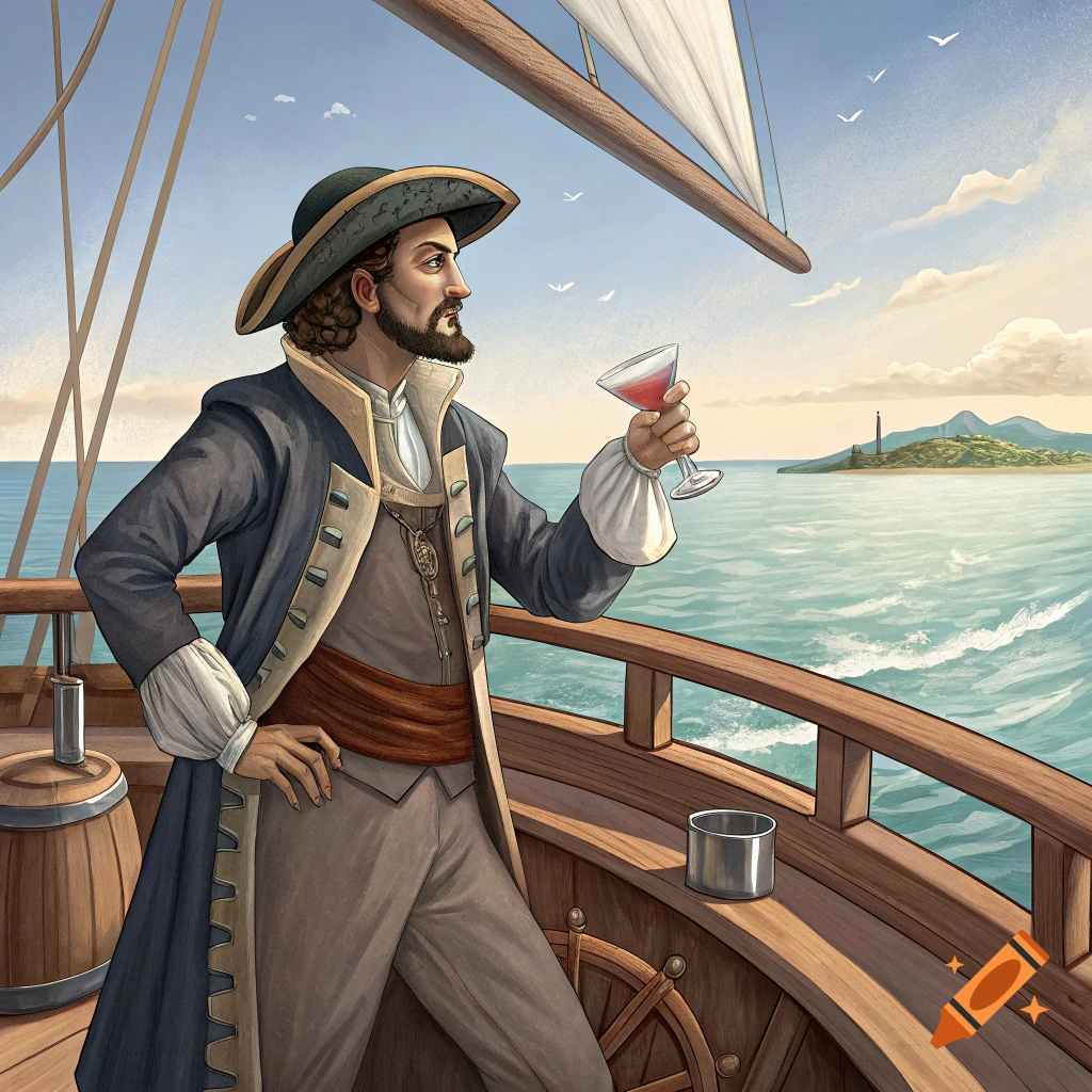 A historical figure on a sailing ship looks out at the sea, holding a drink.