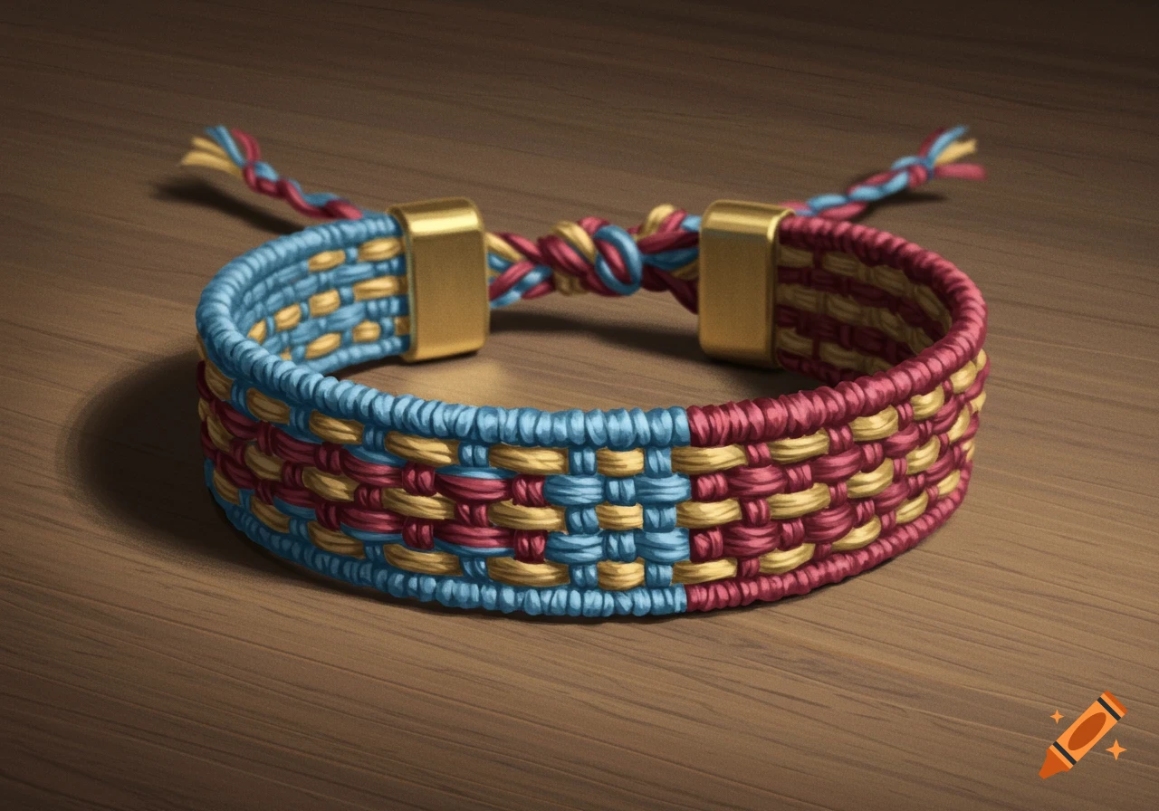 A woven bracelet with blue, red, and yellow threads on a wooden surface.