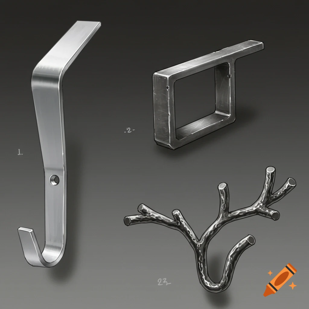Illustration of three metal hook concepts on a gray background
