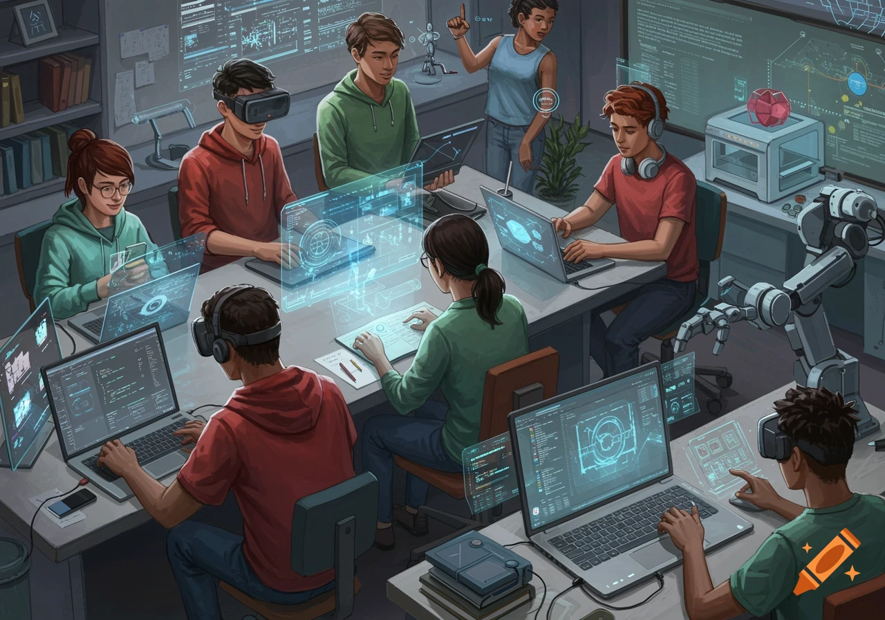 Community Vr Computer Students work with computers, VR headsets, and holographic interfaces ...