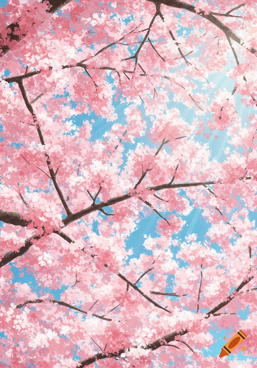 Illustrated view looking up at pink cherry blossoms against a blue sky