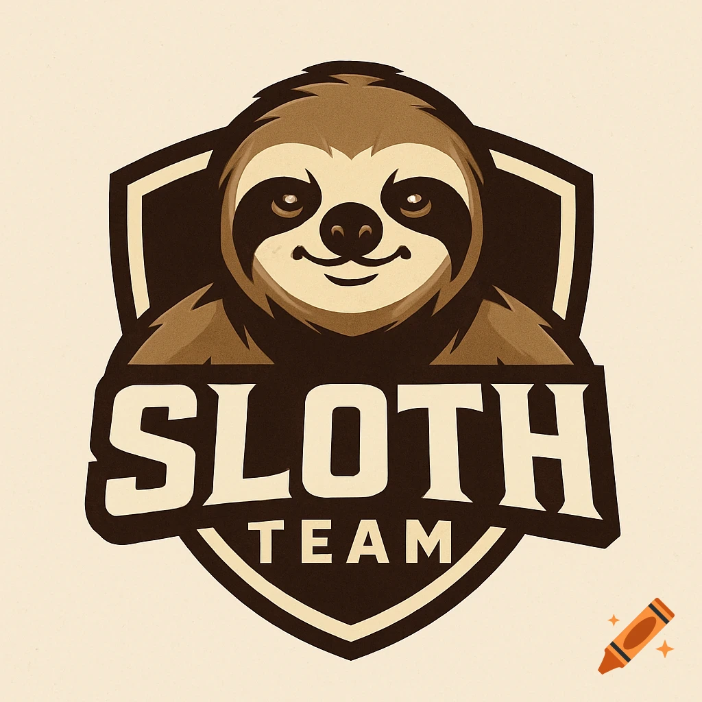 A brown sloth team logo design on a shield shape.
