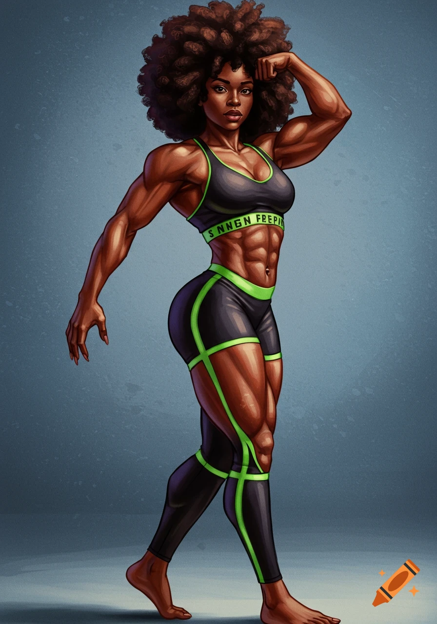 Illustration of a muscular Black woman posing in fitness wear.