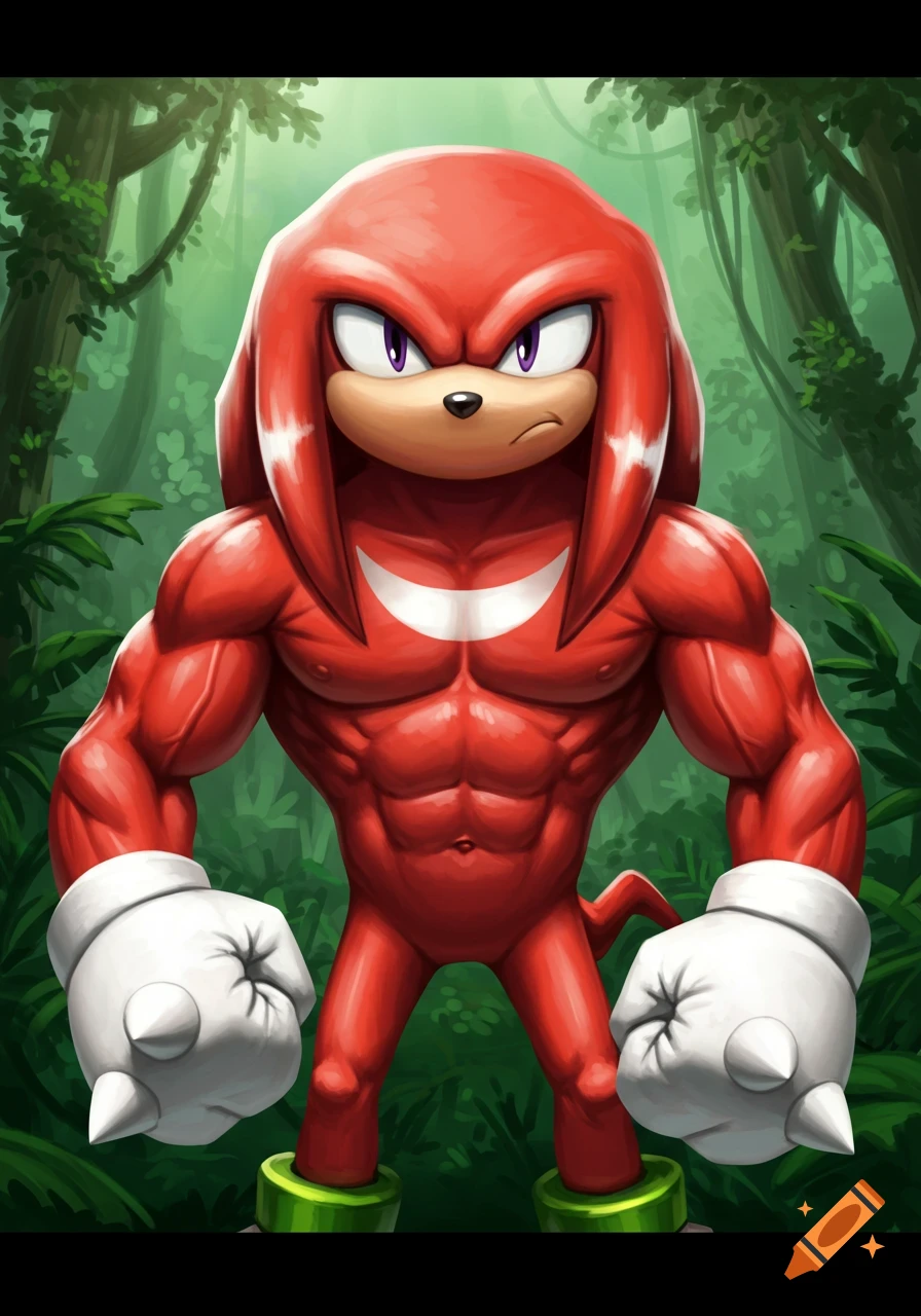 A muscular red echidna character stands in a jungle.