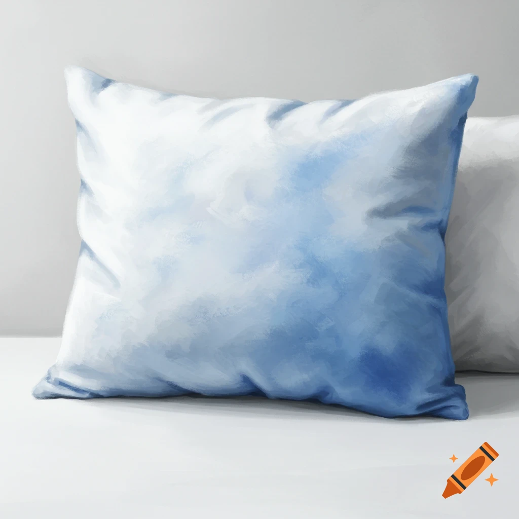 A white pillow with blue brush strokes.