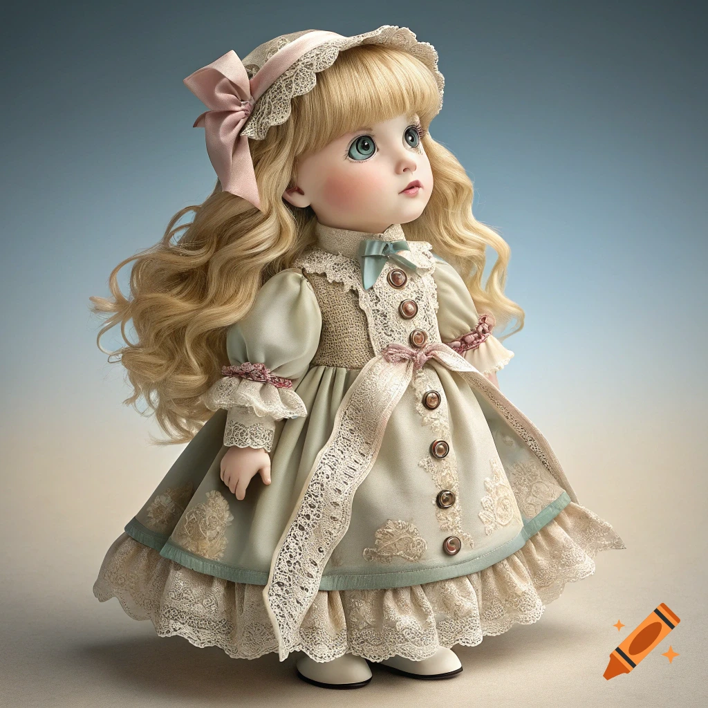 A collectible doll with blonde hair and blue eyes, wearing a detailed antique-style dress with lace and ribbons.