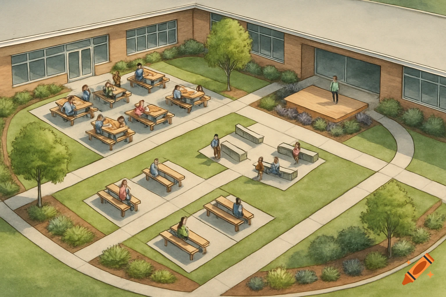 A watercolor illustration shows a school courtyard design with picnic tables, benches, a stage, and landscaping.