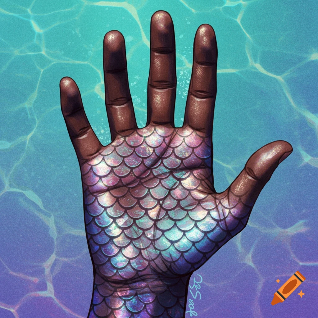 Close-up of a hand covered in shimmering mermaid scales underwater.