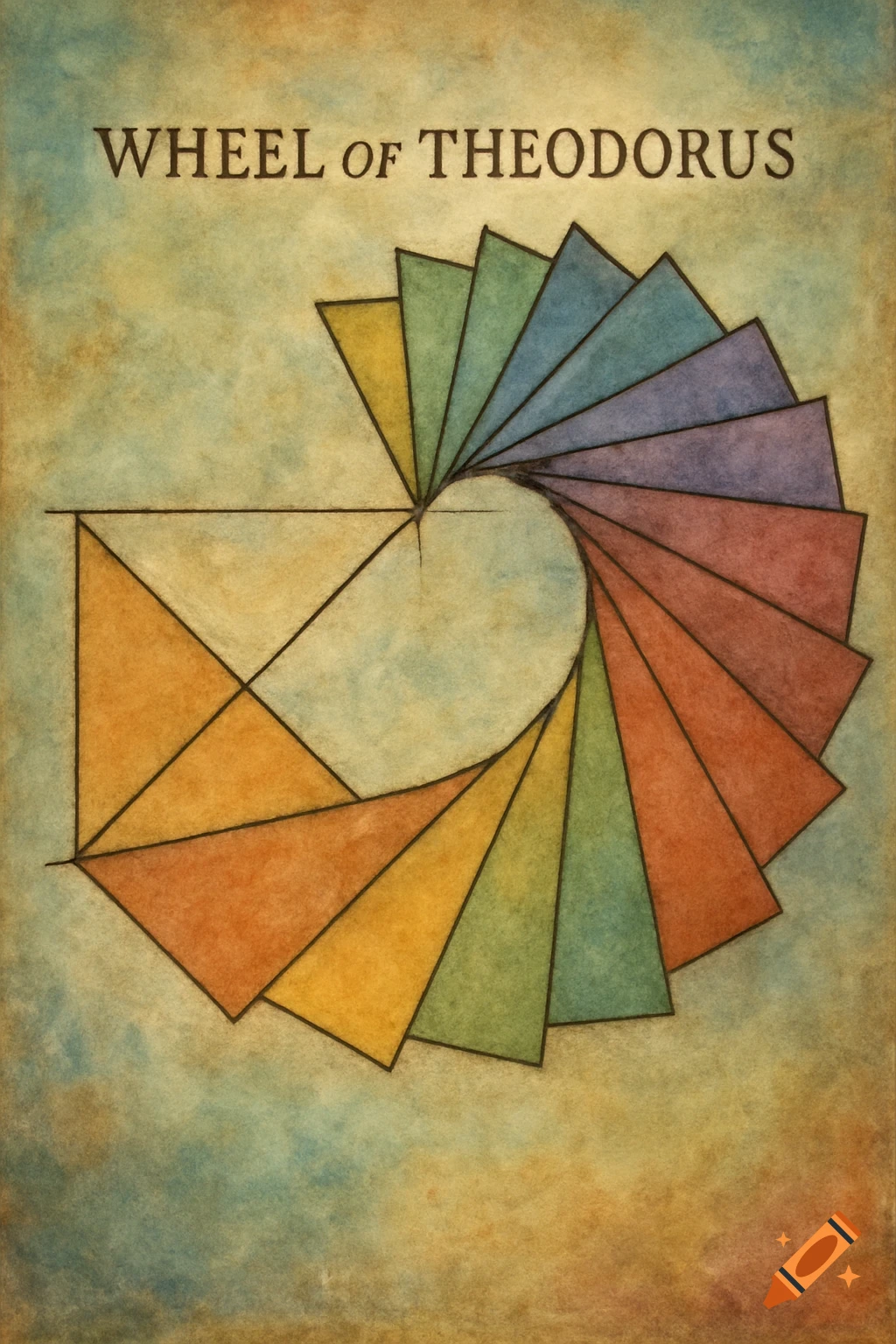 Mathematical diagram of the Wheel of Theodorus, a spiral of colorful triangles on a textured background.