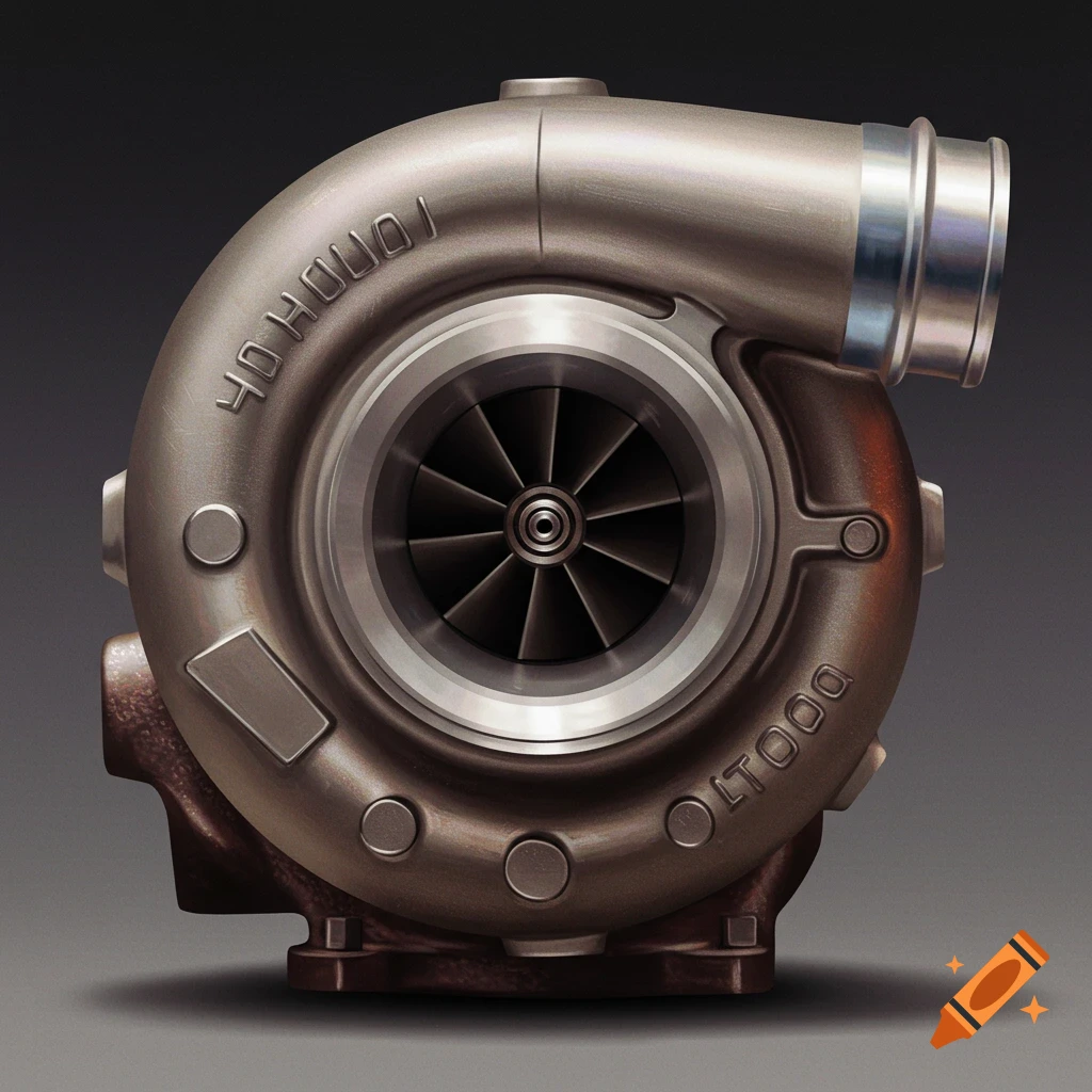 Close-up illustration of a metallic turbocharger on a dark background