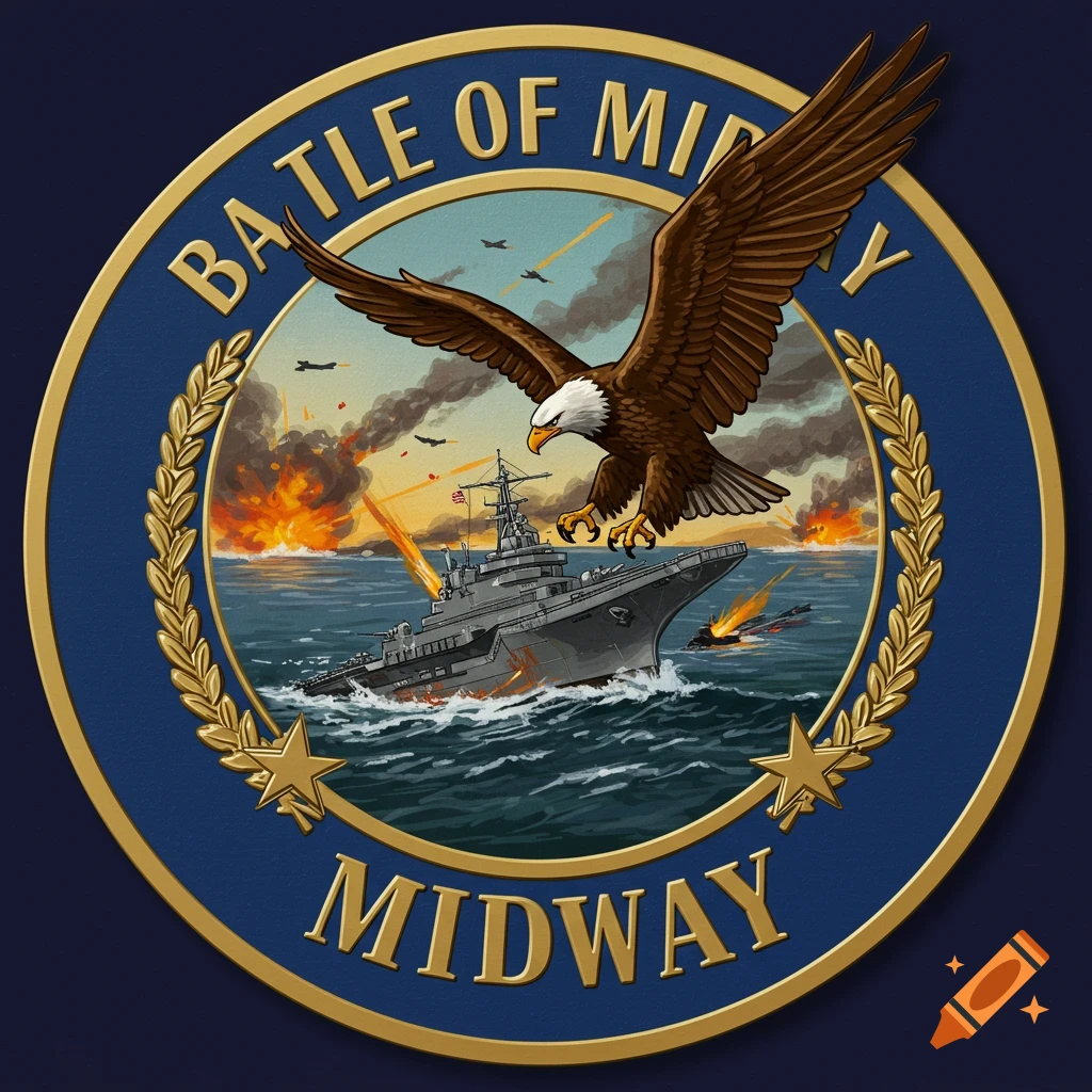 Badge for Battle of Midway with aircraft carrier, fighting planes, explosions, and eagle.