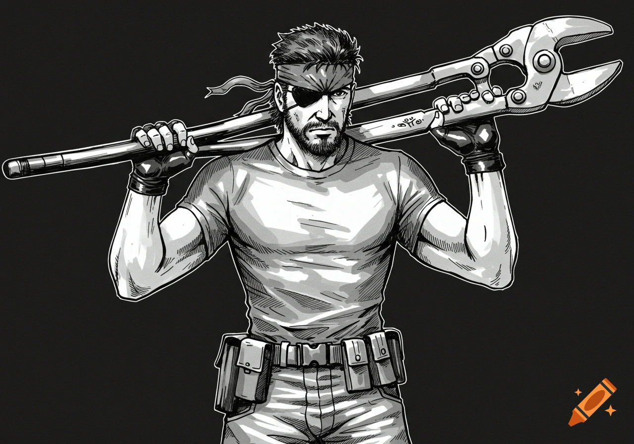 Solid Snake holds large bolt cutters in a monochrome, sketch-like style.