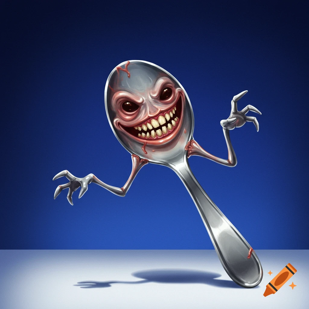 A creepy spoon monster with sharp teeth, red eyes, and long clawed fingers standing on a surface.
