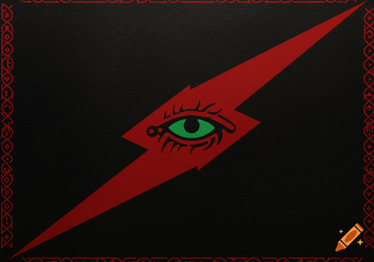 A red lightning bolt with a green eye on a black background, framed by a red patterned border, designed like a flag.