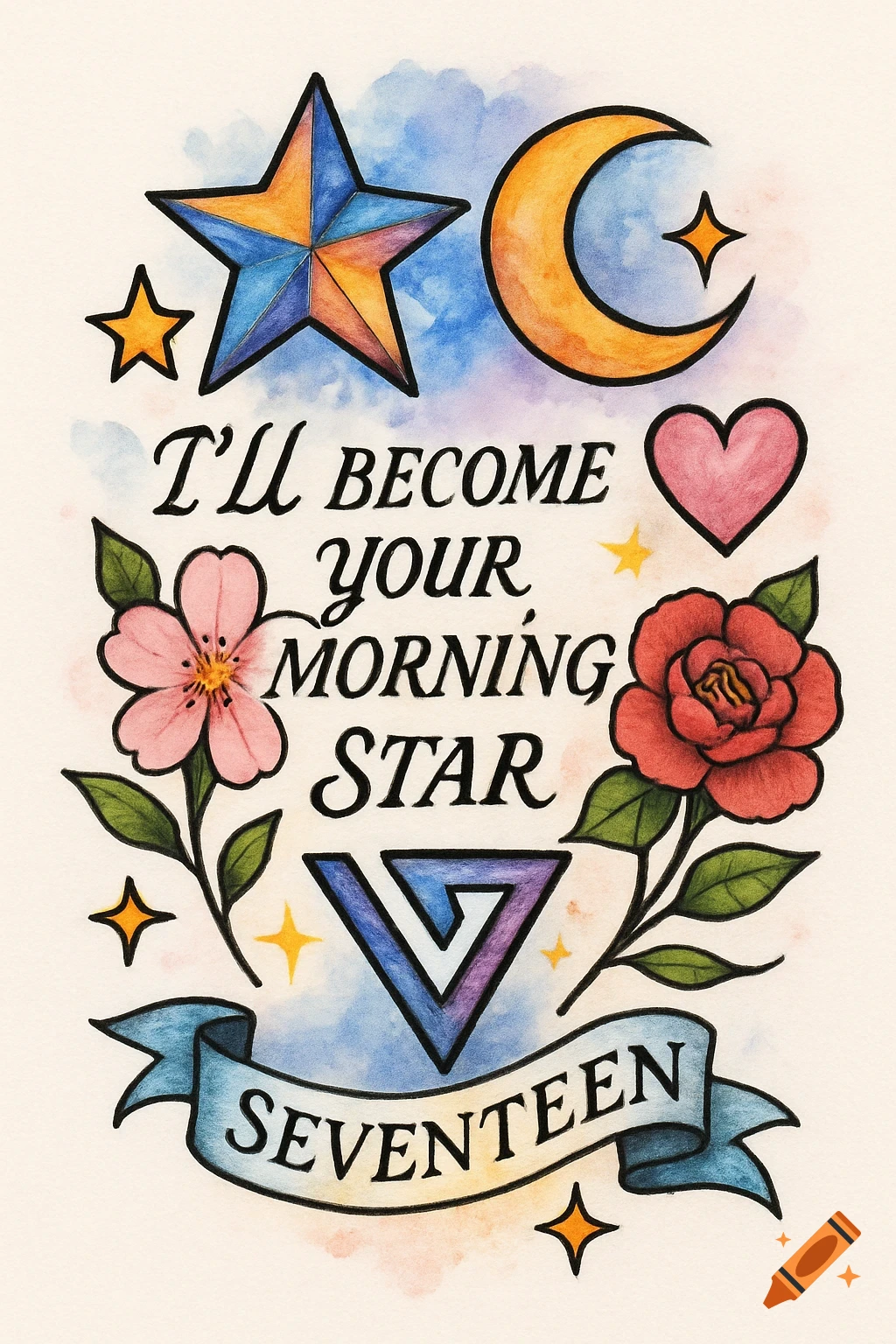 Colorful tattoo design illustration with stars, moon, heart, flowers, text, and logo in watercolor style.