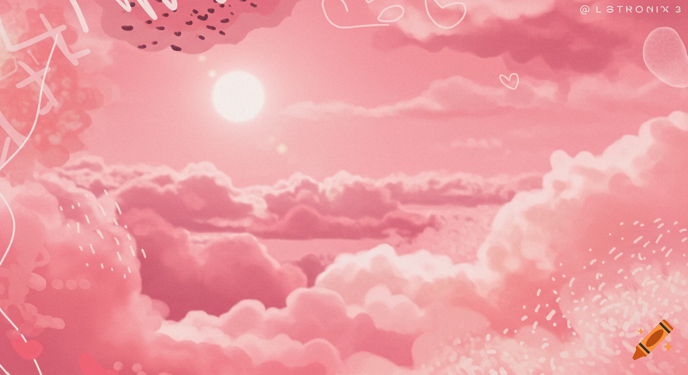 Pink sky with soft clouds, abstract shapes, and a glowing sun or moon in an aesthetic style.