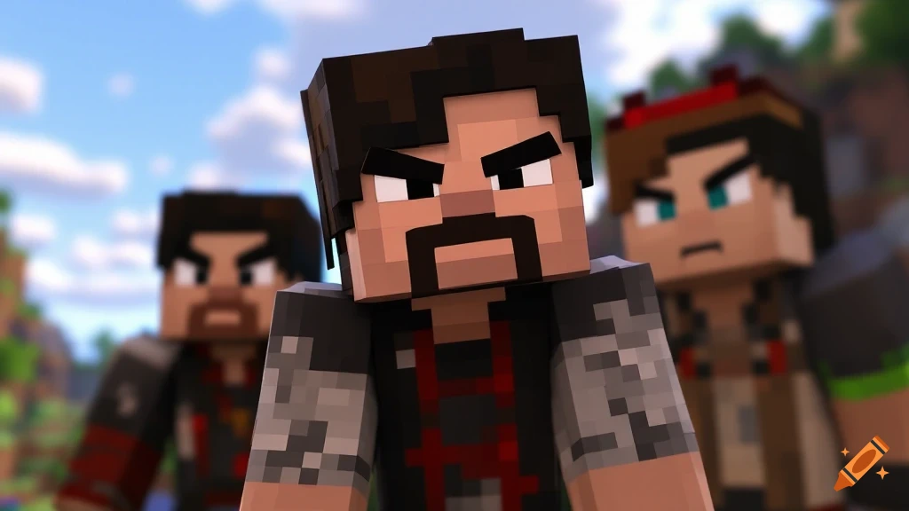 Angry blocky man resembling Jack Black in Minecraft style with two others.