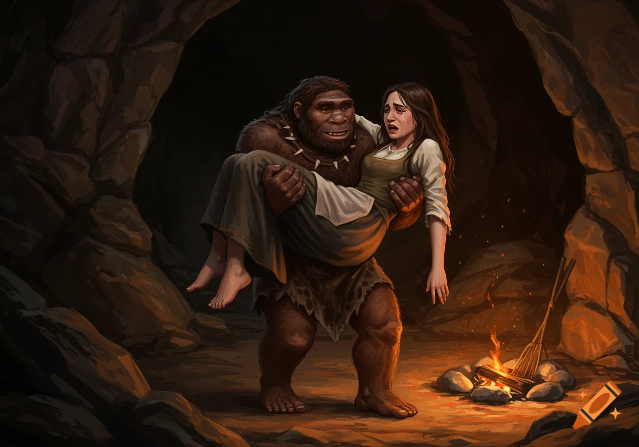 An illustration of a Neanderthal man carrying a crying young woman through a cave, a campfire burning nearby.