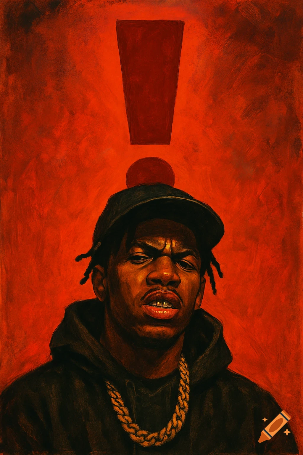 Painted portrait of a person wearing a hat, gold chain, and grill against a red background with a large exclamation mark.