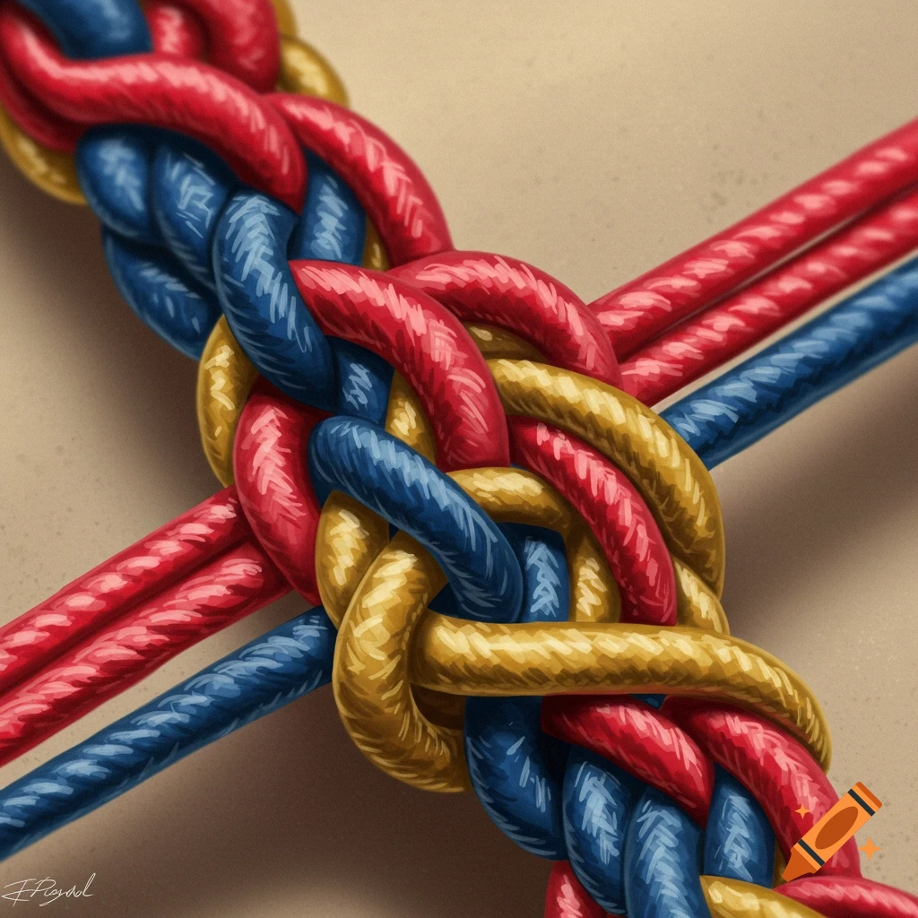 Close-up of intertwined red, blue, and yellow woven ropes forming a knot.