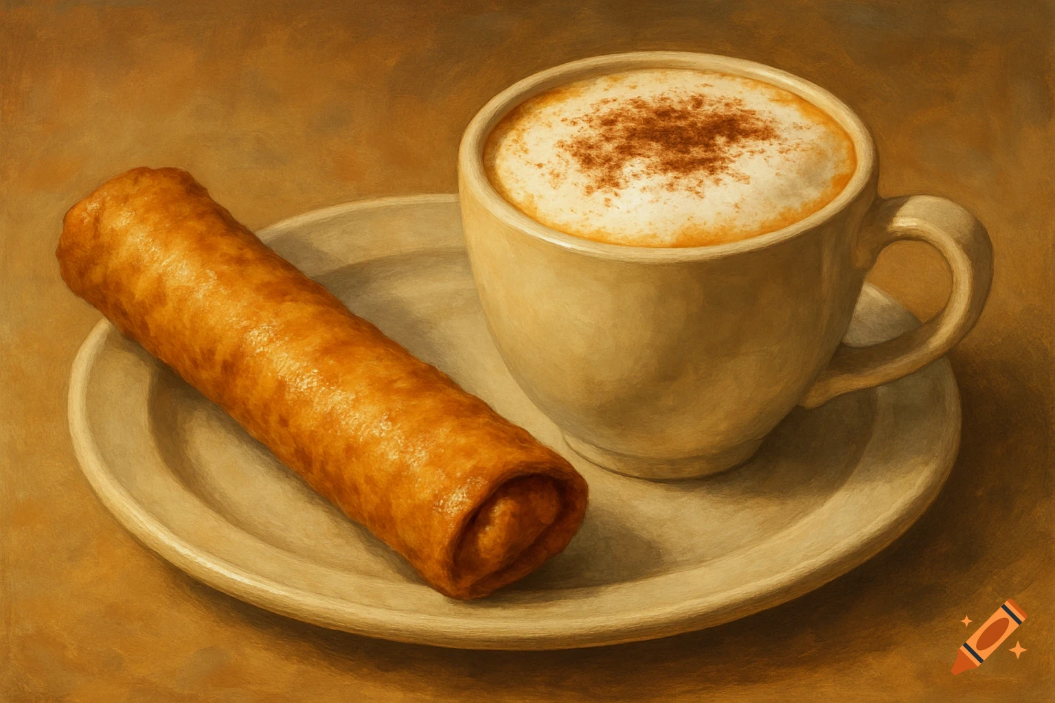 A cup of cappuccino and a pastry on a plate, in a textured still life style.