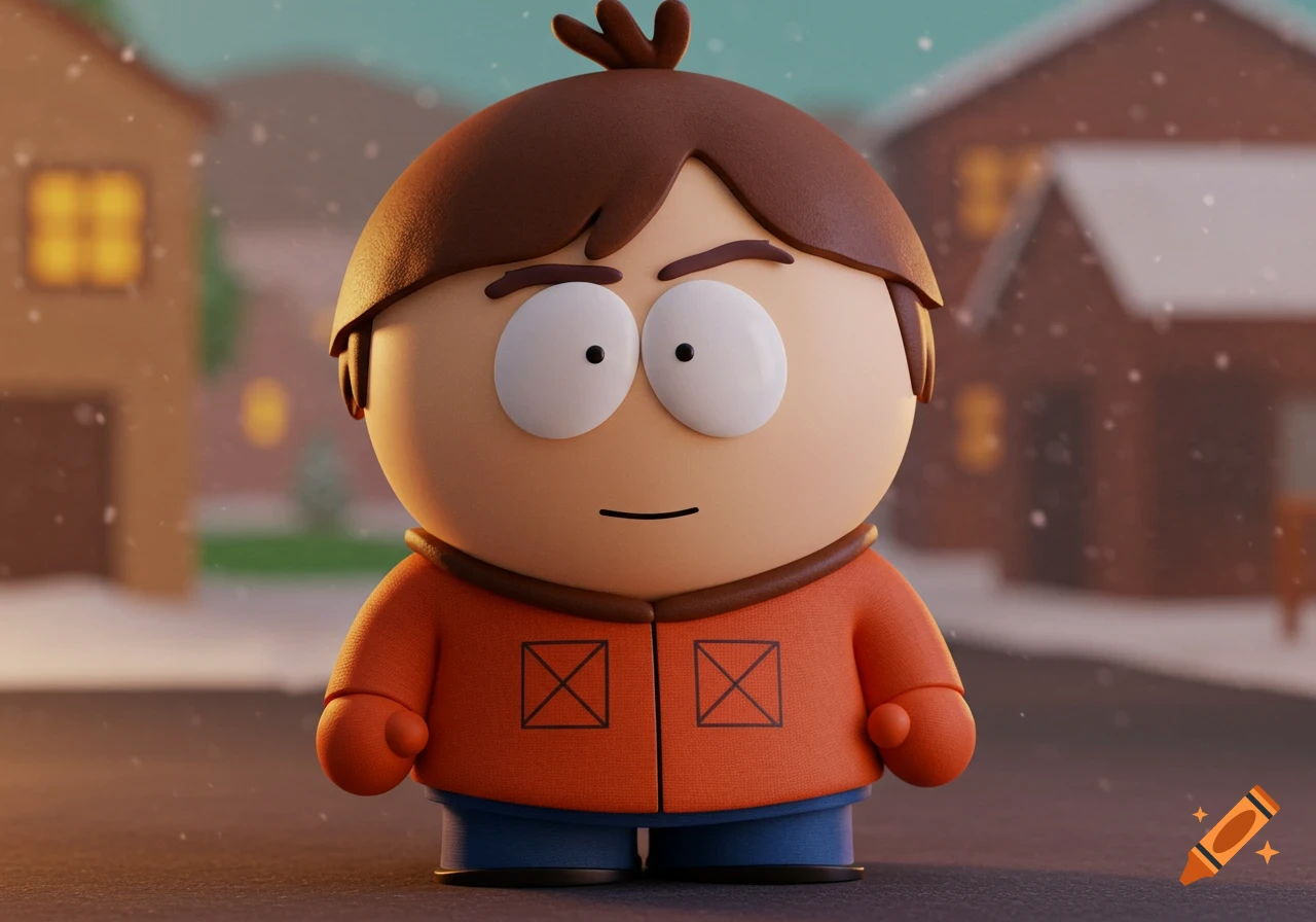 A 3D rendered character in the style of South Park, standing in a snowy neighborhood scene.