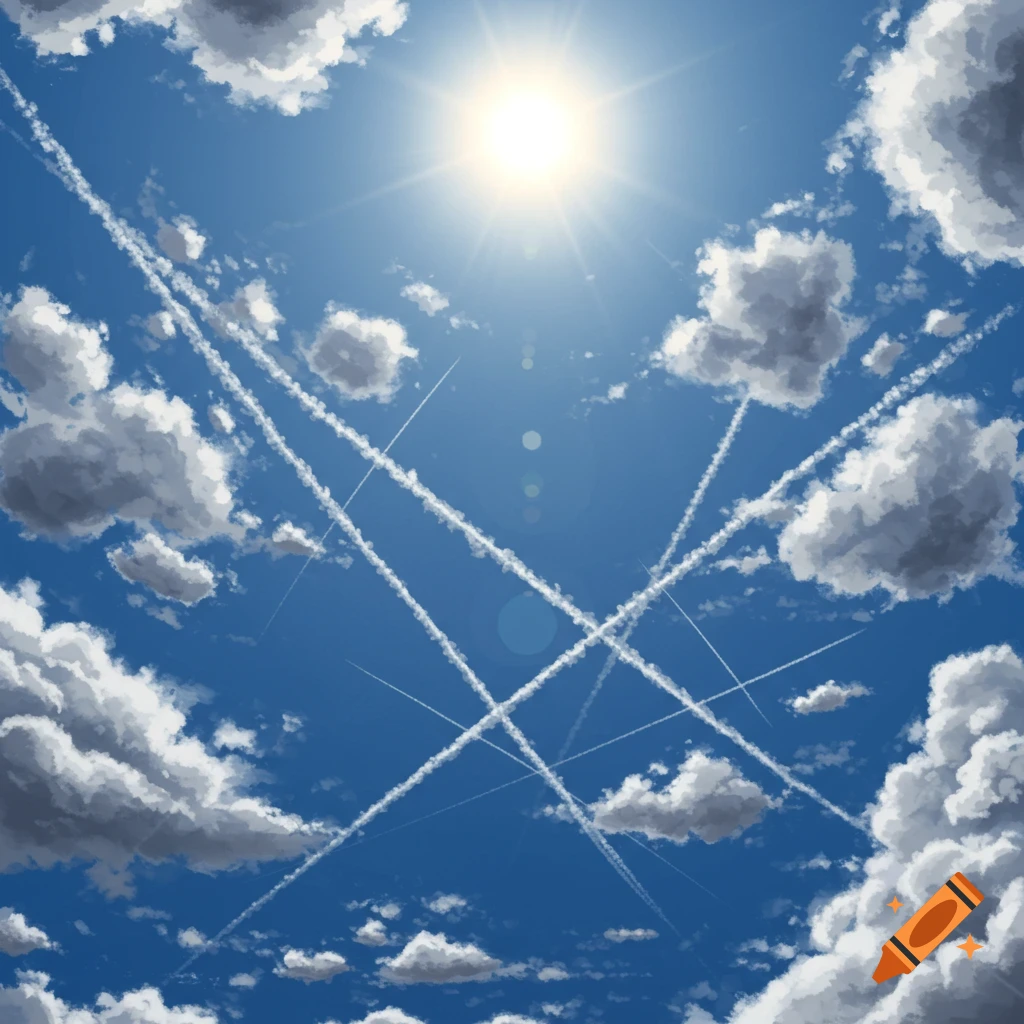 Sunny blue sky with clouds and crisscrossing contrails.