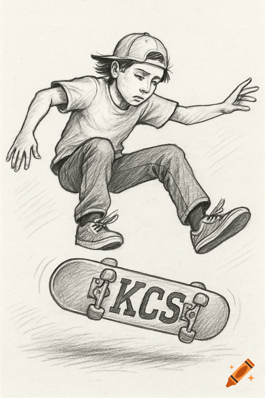 Sketch of a boy doing a flip trick on a skateboard with KCS letters.
