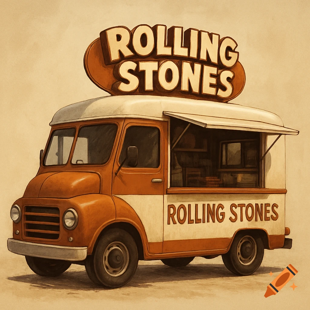 An illustration of an orange and white food truck with 'Rolling Stones' text on top and the side.