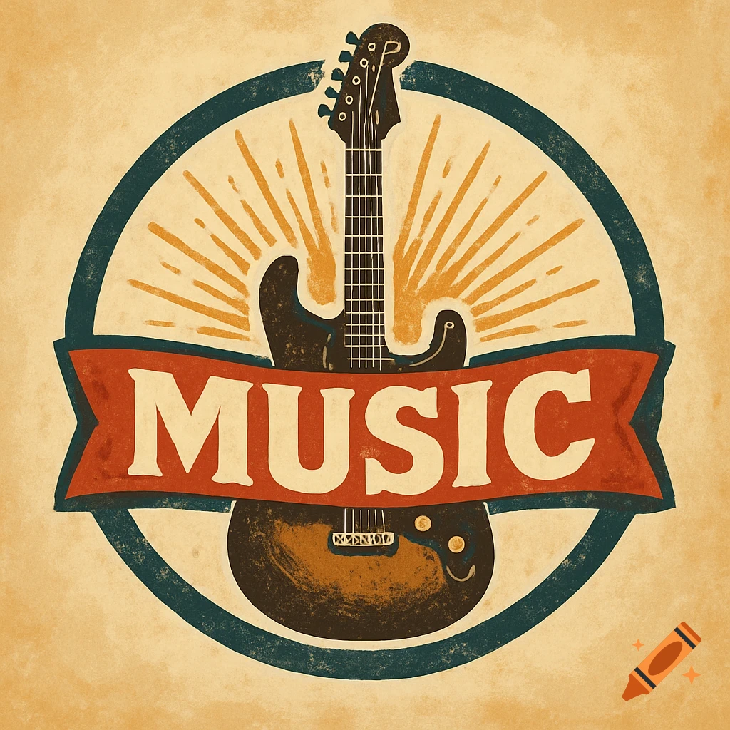 Vintage style music logo with a guitar and the word MUSIC on a banner.