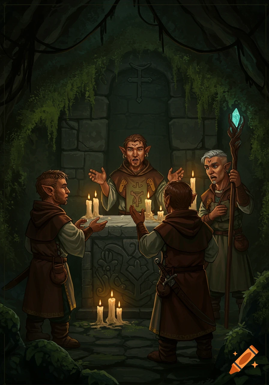 Fantasy scene of robed figures performing a ritual around an altar in a dimly lit cave.