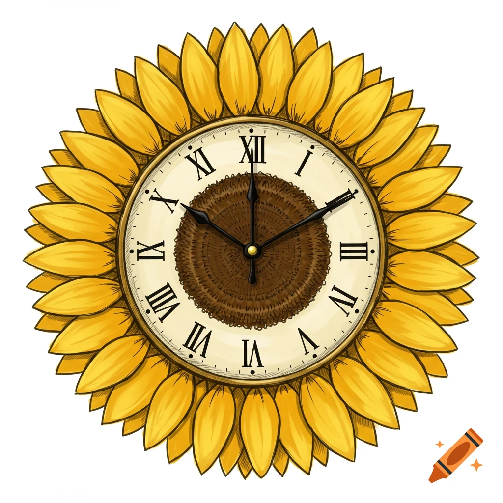 Sketch of a round clock with Roman numerals surrounded by sunflower petals.