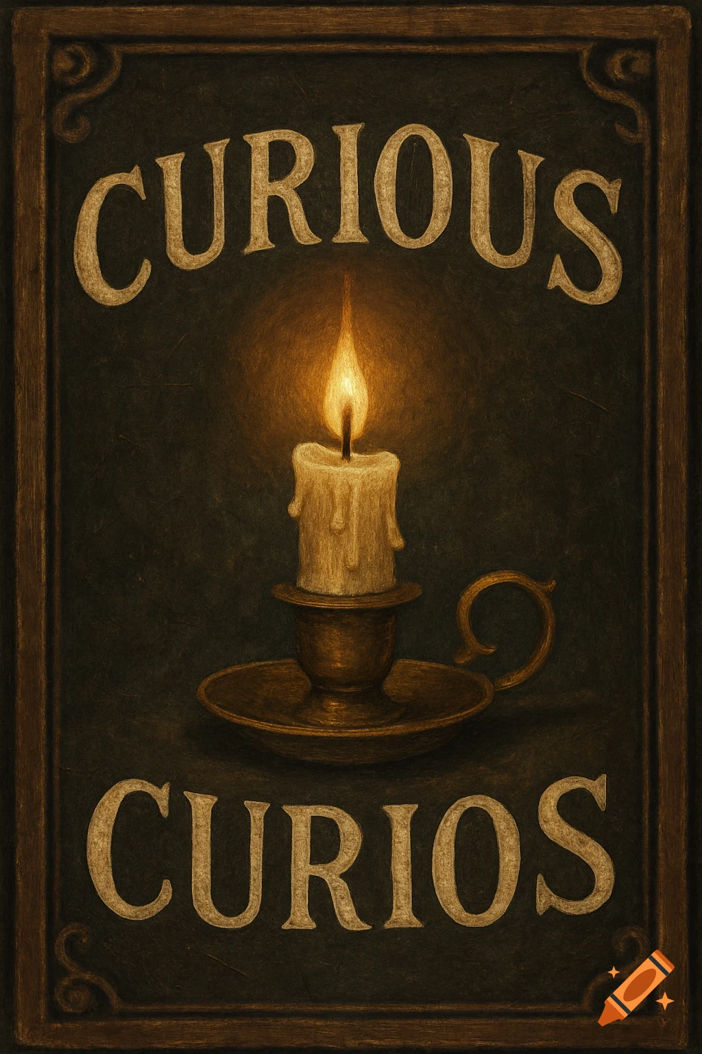 An old-fashioned sign with 'CURIOUS CURIOS' text and a lit candle.