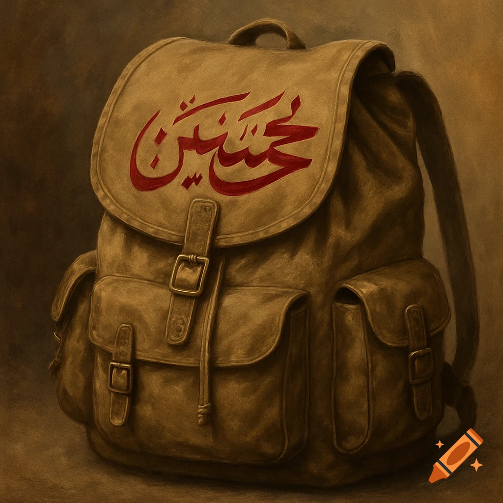Digital painting of a canvas backpack with red Arabic calligraphy