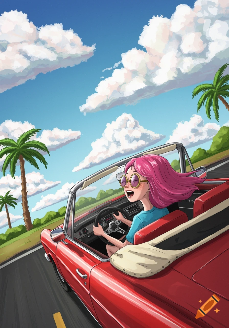 Illustration of a girl with pink hair driving a red convertible on a sunny road with palm trees.