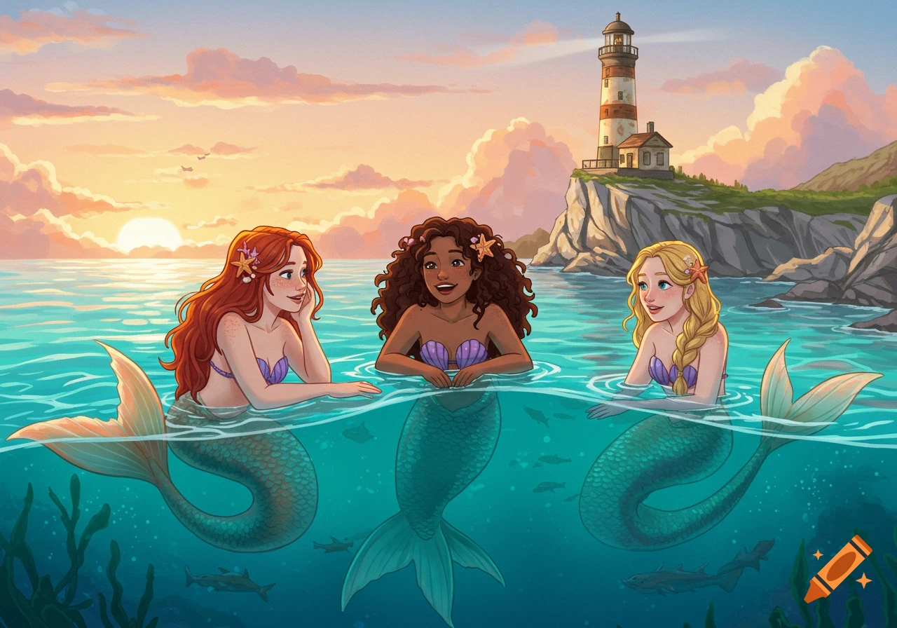 Three mermaids swim in the ocean at sunset, a lighthouse on a cliff behind them. Stylized illustration.
