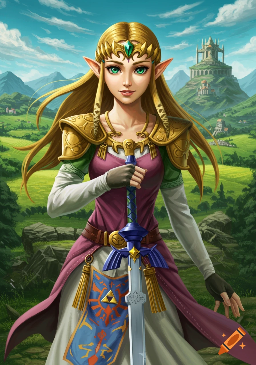 An illustration of Princess Zelda in a fantasy landscape holding the Master Sword.