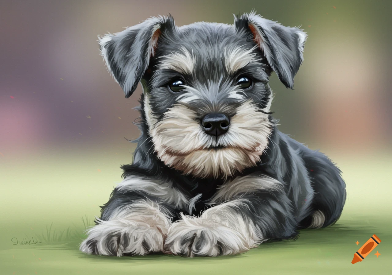 Digital painting of a fluffy Schnauzer puppy lying on the grass.