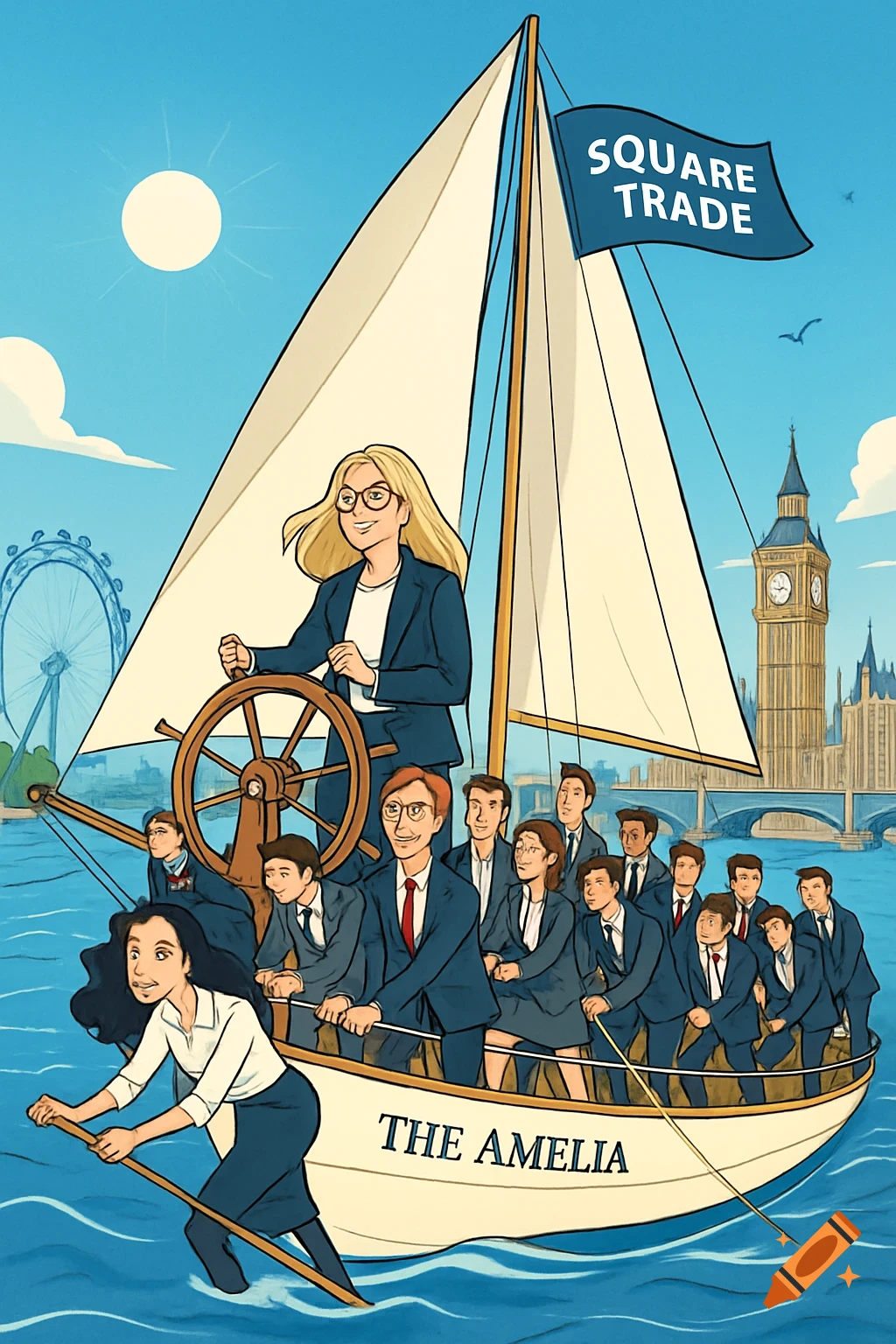 A cartoon shows a diverse team on a sailboat called "The Amelia" with a "Square Trade" flag, sailing past London landmarks.