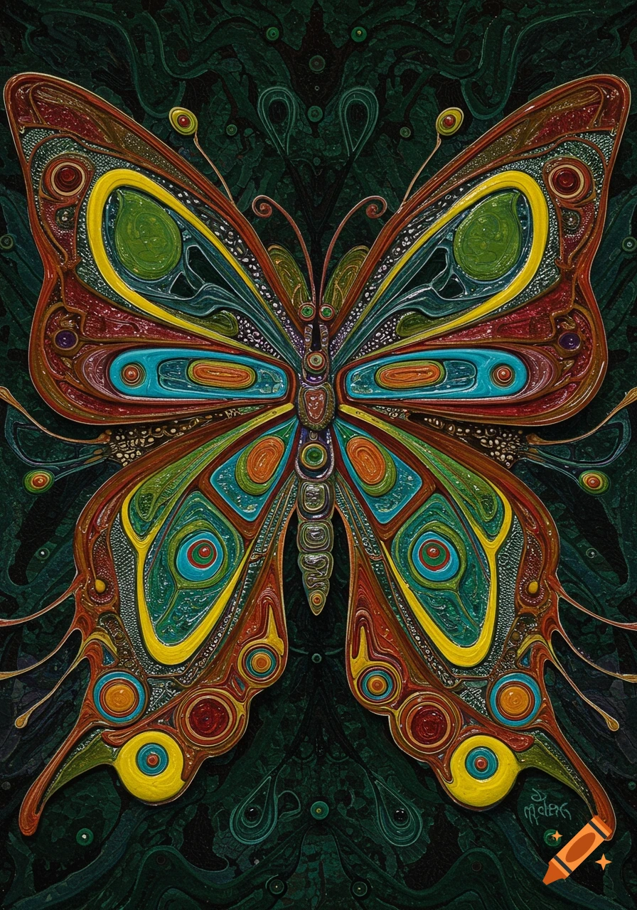 Abstract painting of a colorful butterfly with intricate patterns and glossy textures