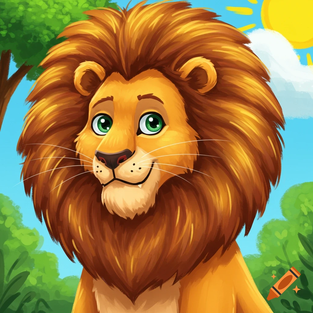 Cartoon lion with a big mane looking at the camera.