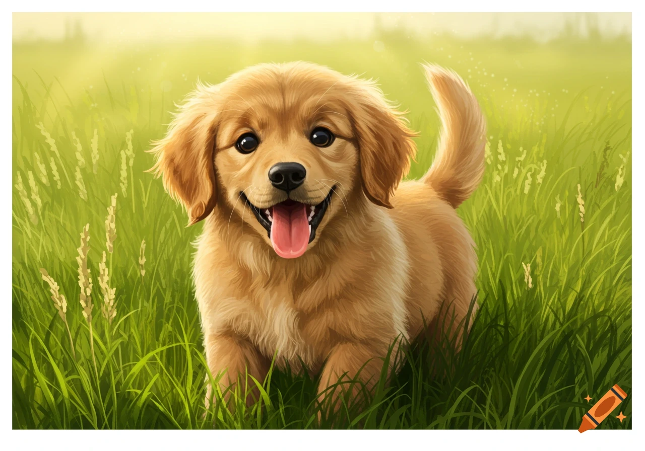 Cute golden retriever puppy in a grassy field illustration