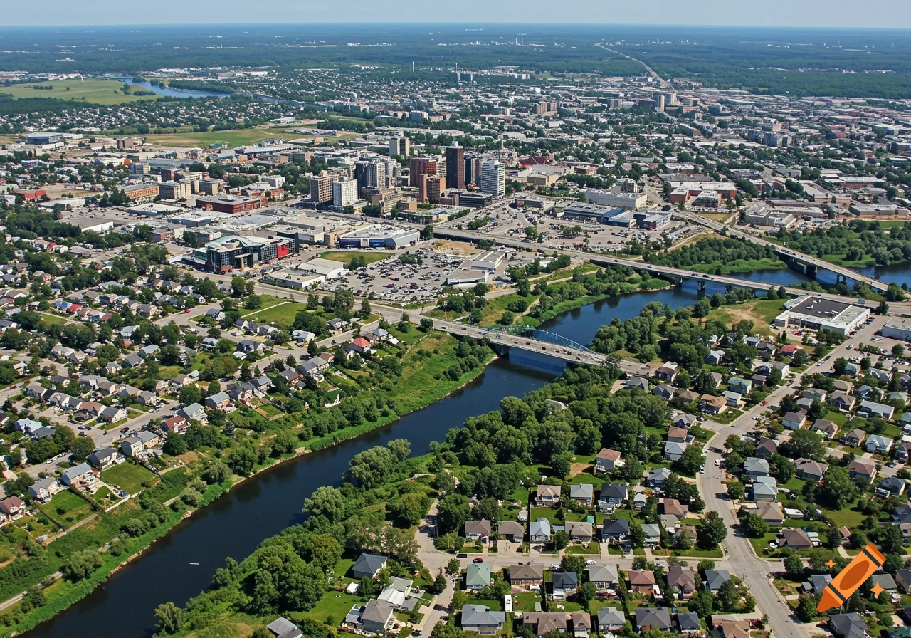 Aerial view of a city with a river, bridges, residential neighborhoods, and commercial areas under a clear sky.