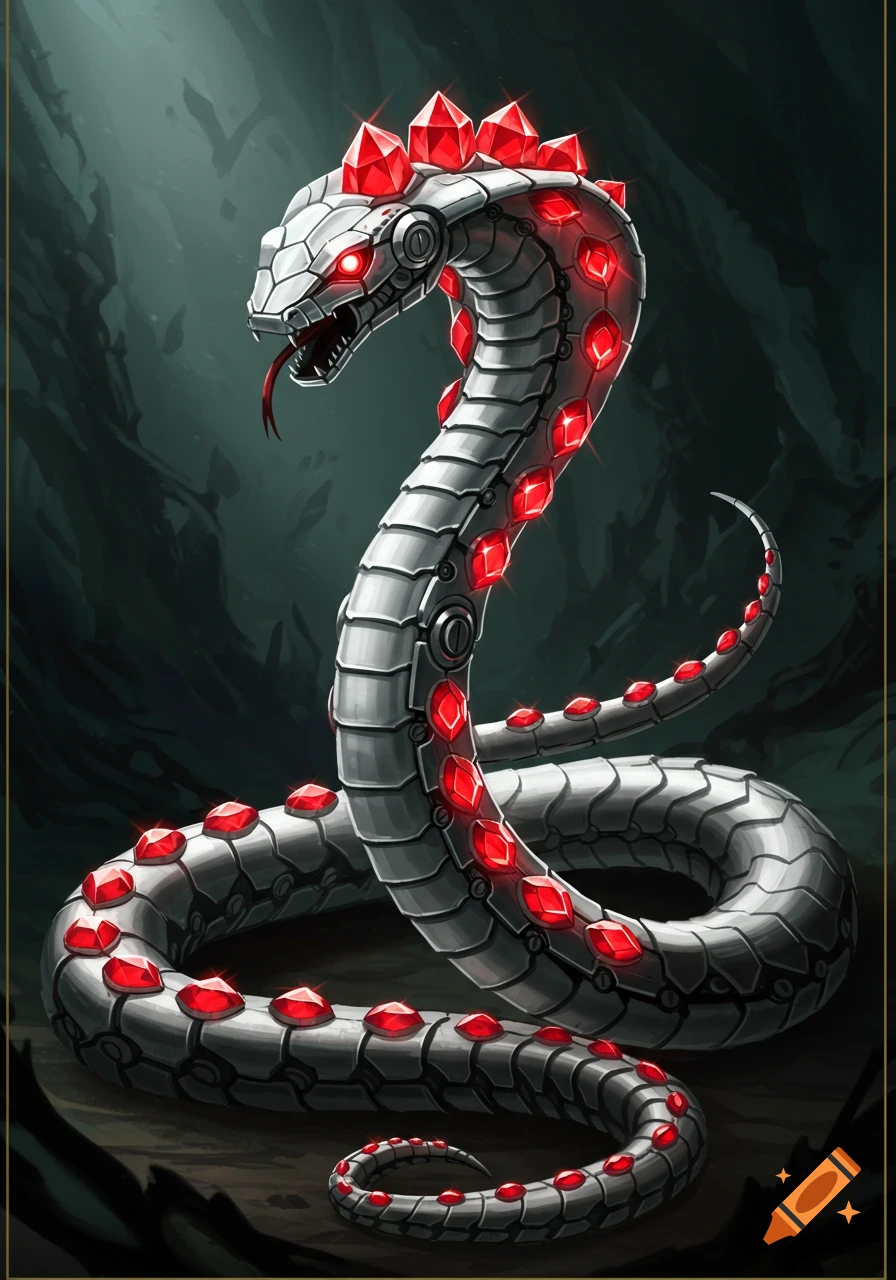 A silver robot snake adorned with red diamonds in a dark setting.