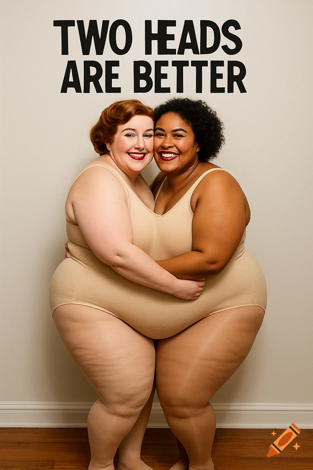 Two smiling women with merged bodies in a leotard with 'TWO HEADS ARE BETTER' on the wall.