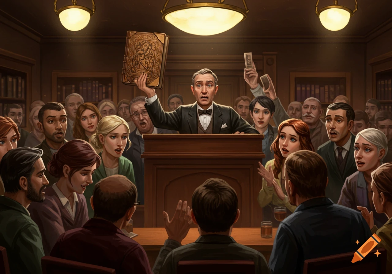 Man holds up a book at an auction surrounded by an eager crowd.