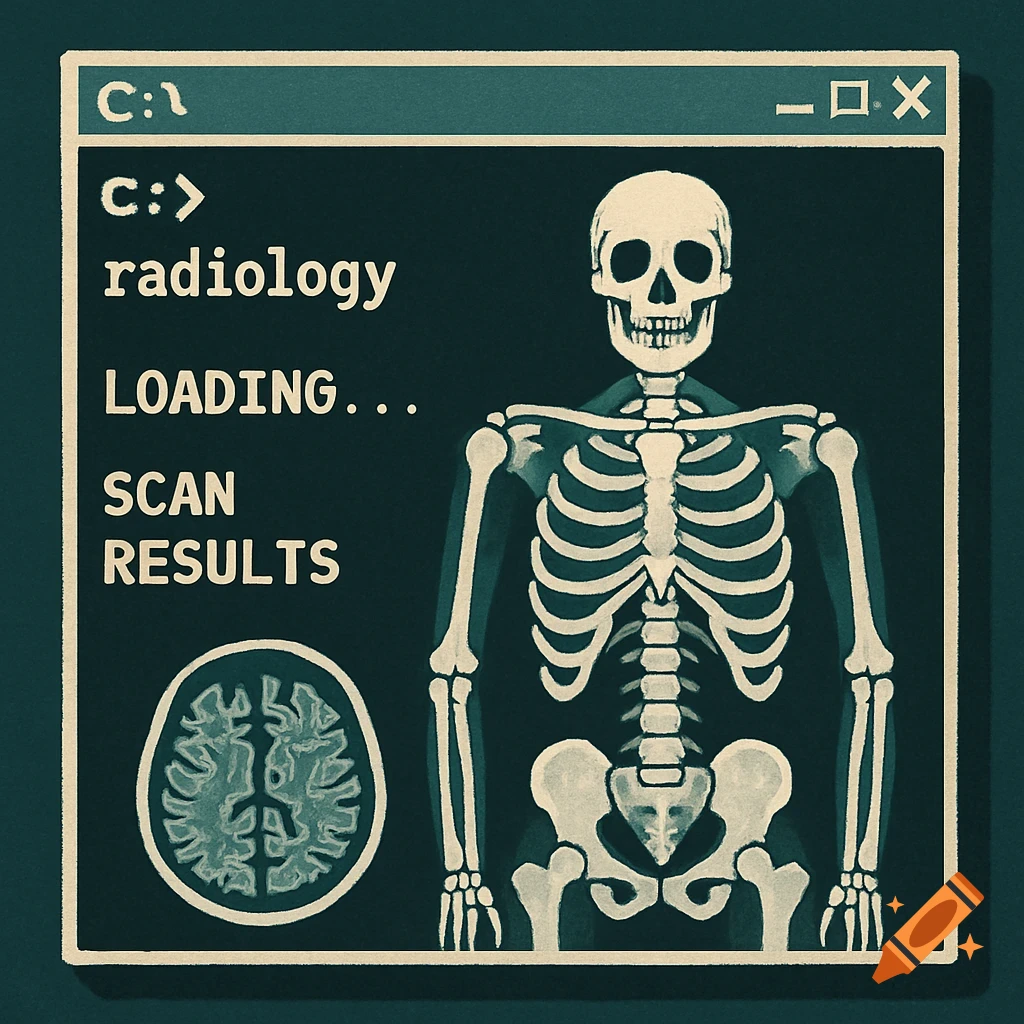 Retro computer interface showing a skeleton, brain scan, and radiology ...