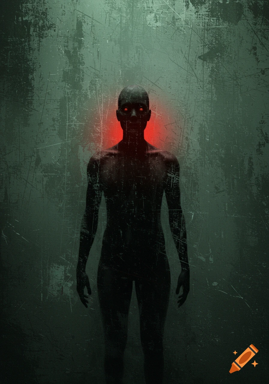 A dark silhouette with glowing red eyes stands against a scratched green wall.