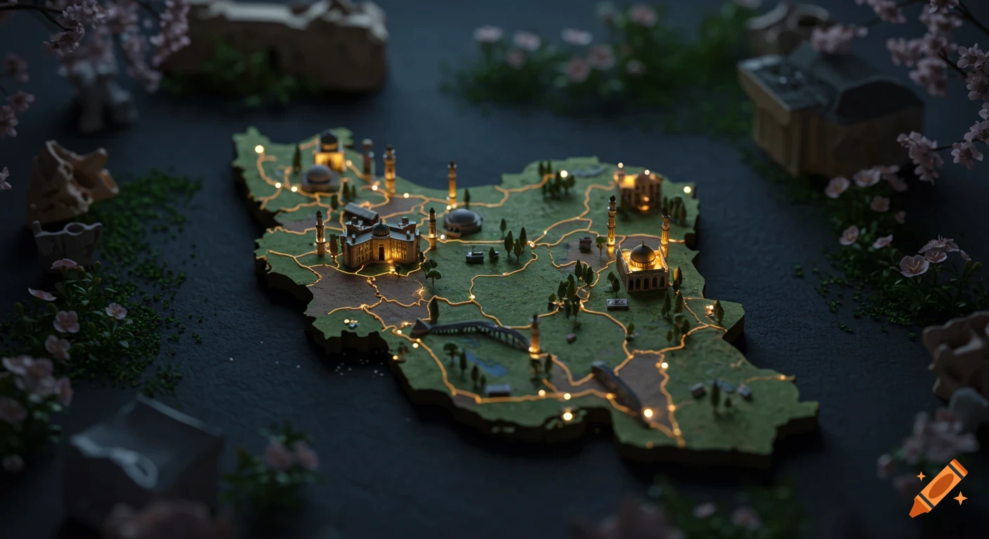 A detailed miniature 3D map of Iran at night, featuring illuminated landmarks, glowing provincial borders, and surrounding greenery.