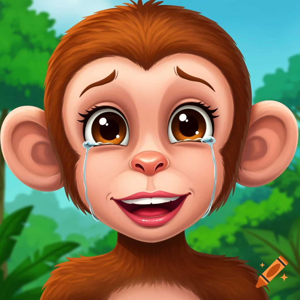 Cartoon portrait of a crying monkey with large eyes against a jungle background.